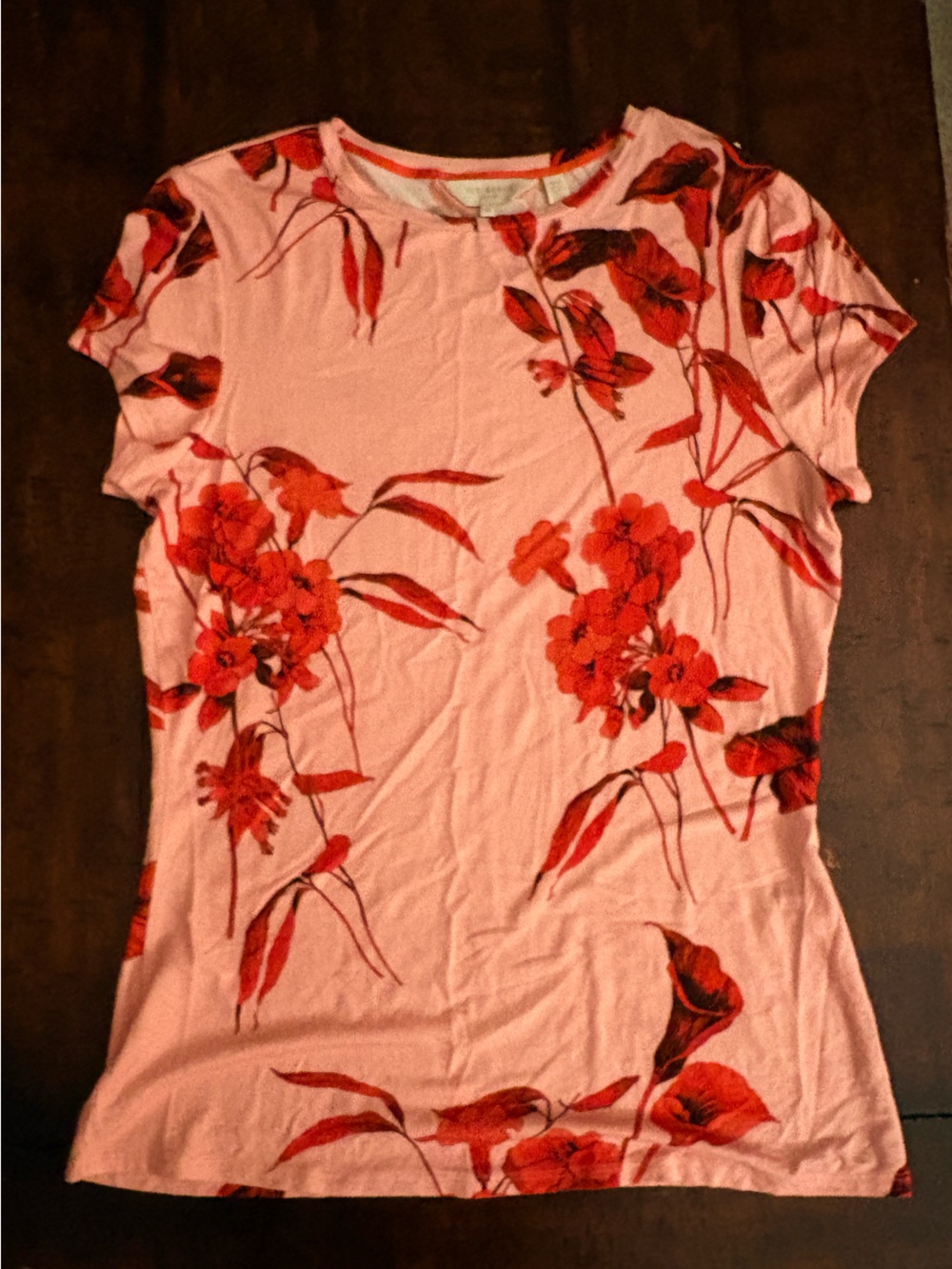 Ted Baker Peach and Red Floral Print T-shirt in Ted Size 4/ US Size 10.